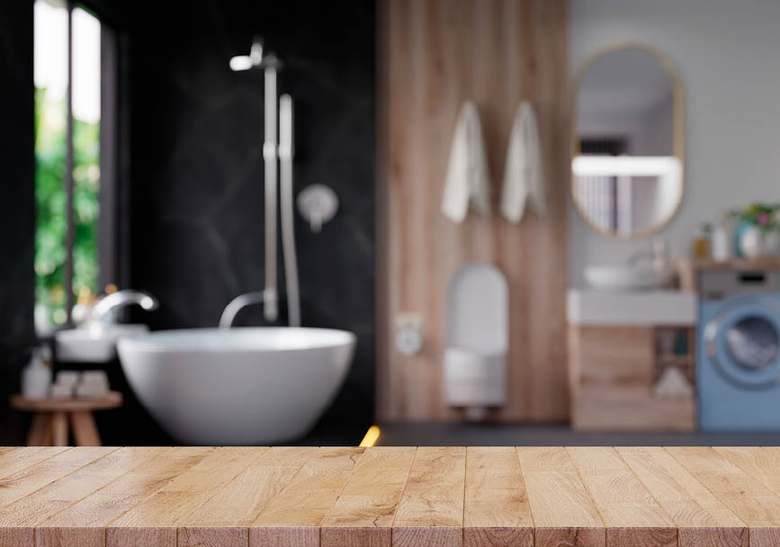 Wood table top on blur bathroom,Empty tabletop for product display with blurred bathroom,3d rendering