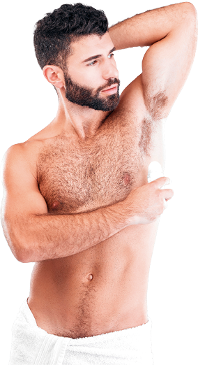 Deodorant, roll and man grooming in studio for hygiene, fresh scent or underarm perfume. Male model, armpit and cosmetics for sweat control, body odor and cleaning product for skincare on background.